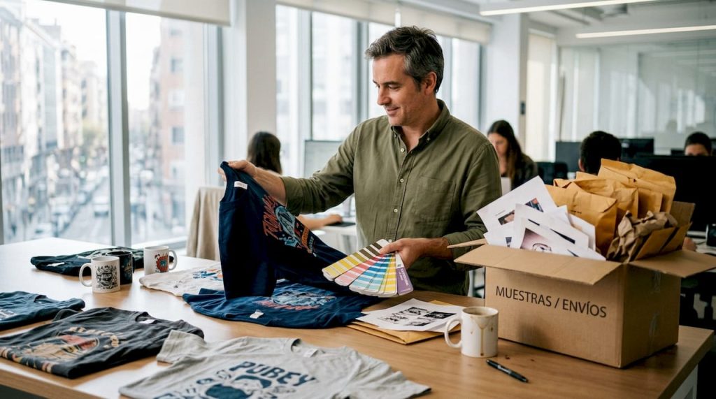 Especialista evaluando la calidad de productos promocionales impresos