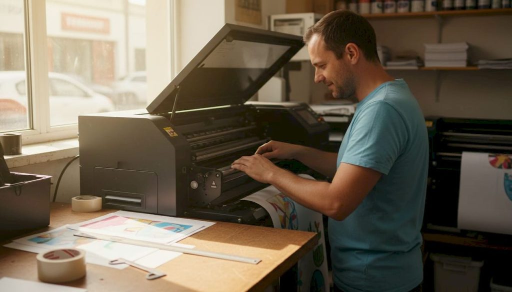 Un técnico realiza el mantenimiento de una impresora digital en la oficina.
